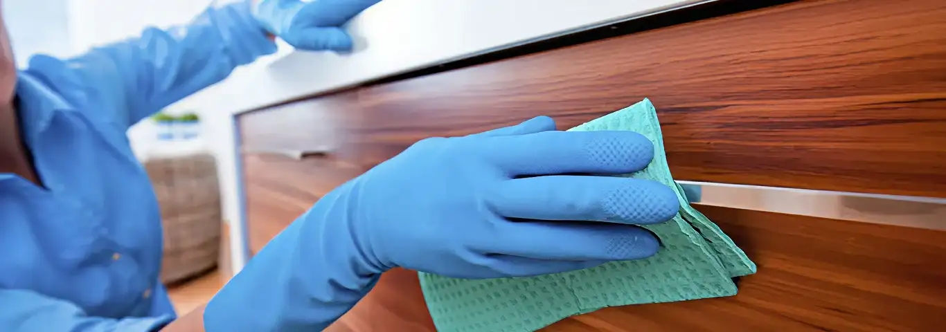 Cleaner wearing blue gloves wiping a wooden cabinet drawer with a microfiber cloth for dust and grime removal, San Diego, CA.