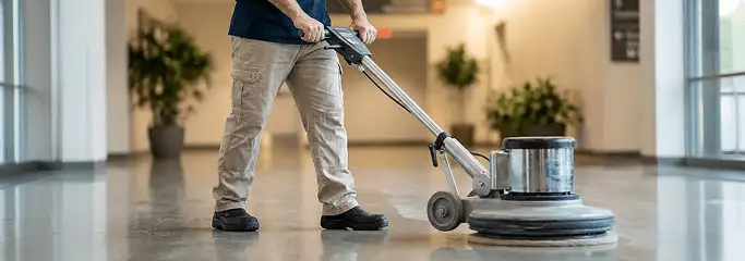 Professional technician using an industrial floor buffer to polish and maintain shiny commercial flooring in a corporate hallway in San Diego, CA.