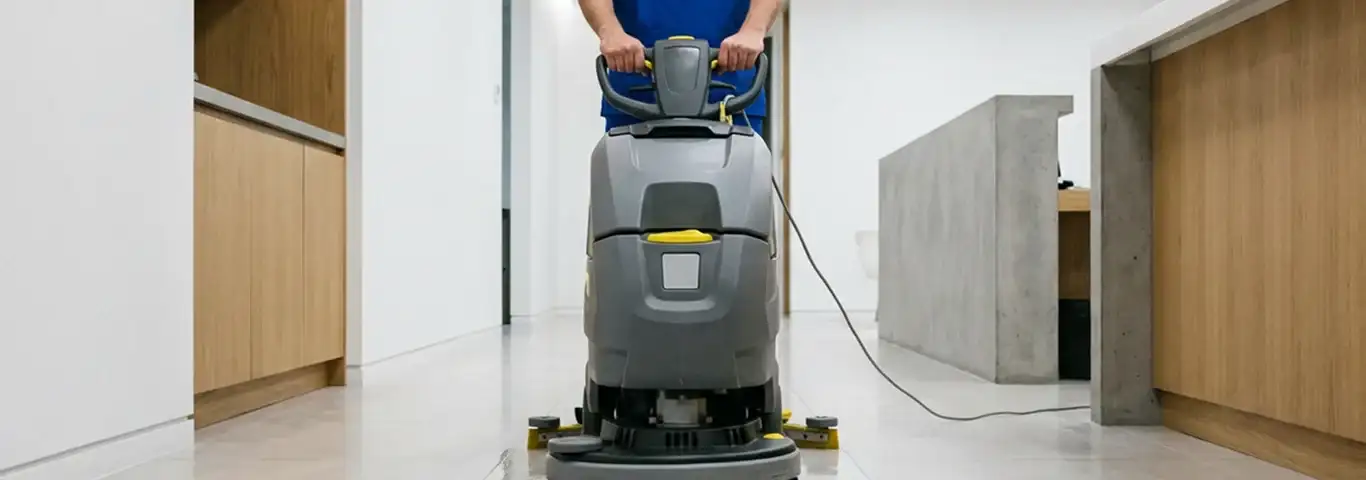 Janitorial staff using a floor scrubber machine to clean a commercial hallway, San Diego, CA.