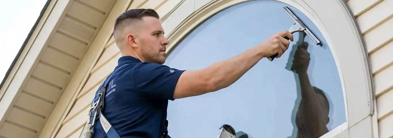 Professional window cleaner using a squeegee to clean an exterior arched window on a home, San Diego, CA.