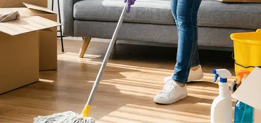 Move-out cleaning setup with a cleaner mopping hardwood floors near moving boxes and cleaning supplies, San Diego, CA.