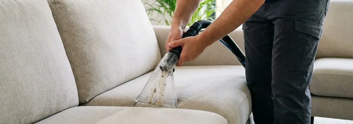 Technician extracting dirt and moisture from a fabric sofa with an upholstery cleaning wand, San Diego, CA.