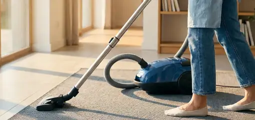Person vacuuming a living room rug with a canister vacuum cleaner near large windows, San Diego, CA.